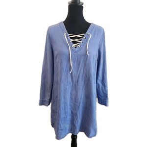 Old‎ Navy Denim M Dress Light Wash Cotton Lace Up V Neck Nautical  Coastal Flaw
